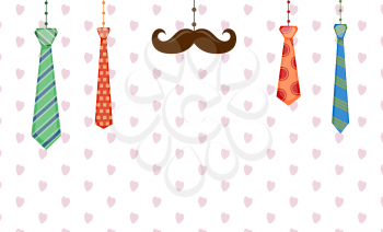 Greetings for father's day holiday. Different ties and mustache on the background of pink hearts. Holidaycard