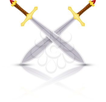 Color image of swords. Vector illustration of two crossed swords with a reflection on a white background in the style of Cartoon