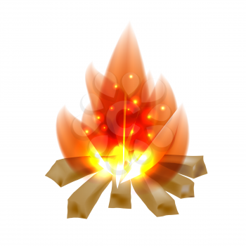 Colored cardboard image of a campfire on a white background. Flame and firewood, campfire, isolated object. Vector illustration
