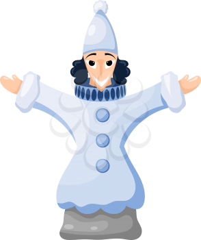 Doll of art del art in a blue suit on a white background. Isolated object. Italian Pierrot. Glove doll puppet theater for children. Vector illustration