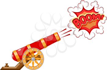 Vintage gun. Color image of medieval cannon firing on a white background. Cartoon style. The subject of war and aggression. Stock illustration