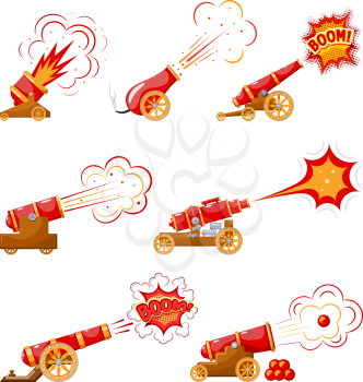 Set Vintage gun. Color image of medieval cannons  firing on a white background. Cartoon style.  Collection subject of war and aggression. Vector  illustration