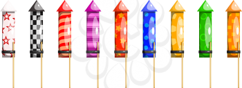Bright image of a set of firework missiles on a white background. Festive items for fun and festival. Vector illustration