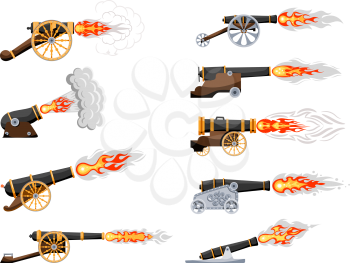 Set Vintage gun. Color image of medieval cannon firing on a white background. Cartoon style.  Collection Subject of war and aggression. Stock vector illustration