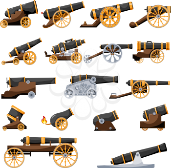 Set Vintage gun. Color image of medieval cannon firing on a white background. Cartoon style. The subject of war and aggression. Stock vector illustration