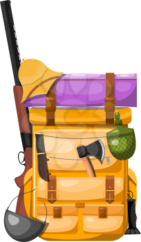 Tourist backpack with detachment on a white background. A hunter's backpack with a gun, an ax, a bowler, a flashlight, a knife in the style of a cartoon. Vector illustration