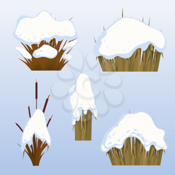 Set of withered grass under the snow in the style of a cartoon against the sky. Collection of elements of nature, winter lawn, garden grass in winter. Seasonal natural changes. Vector illustration