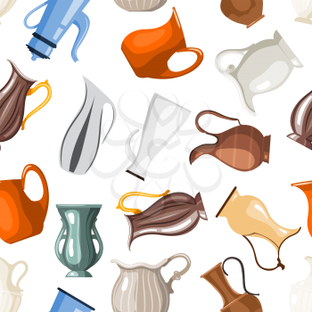 Seamless of colored vases and jugs in cartoon style on a white background collection of  vessels for vector illustration