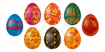 Set of colored Easter eggs with national Ukrainian painting. Items for the celebration of Easter. Vector illustrator of festive food on a white background.