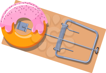 Flat wooden mousetrap with a round cartoon donut. The concept of dependence on food, unhealthy diet, obesity and fast food. Vector illustration