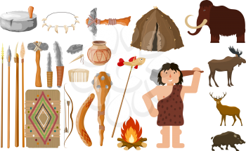 Cartoon style set of primitive man objects on a white background Objects of life and hunting silhouettes of animals, housing and  man Vector illustration of a collection of tools of a caveman