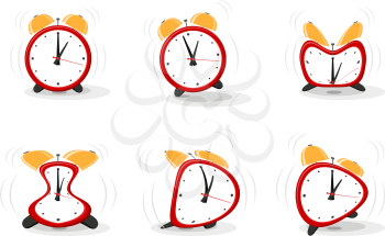 Set of funny crazy red alarms in different poses on a white background. Vector illustration