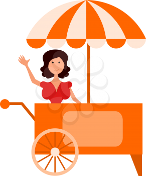 Vector cartoon illustration of market stall and woman. Female street vendors. Human characters on white background