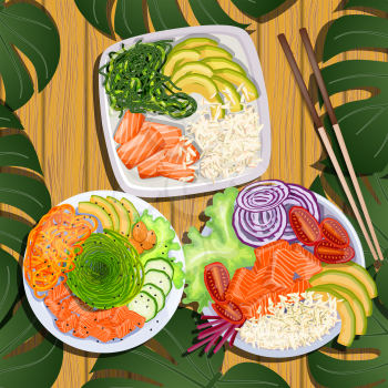Set poke bowl with salmon, avocado, rice and sea kale on a wooden background with tropical leaves. Trend Hawaiian food. Vector illustration of healthy food.