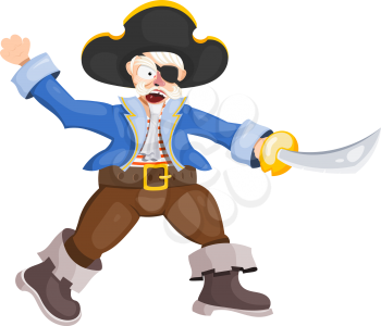 Angry pirate on a white background. Vector illustration of a terrible pirate attacking with a saber. Medieval sea villain in a cocked hat, costume, boots, without an eye, attacks. Stock vector
