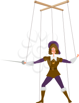 Doll marionette prince with a sword on a white background. Element of children's puppet theater. Child's toy, theatrical doll. Vector illustration
