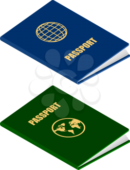 Two passports in isometric style on a white background. Vector illustration of official identity card for travel and residence, emigration and residence permit. Identity document sign