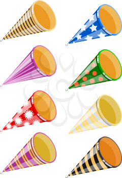 Set of festive crackers on a white background. Collections Bright colorful party poppers. Vector illustration