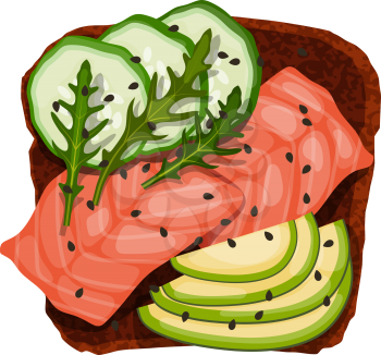 Beautifully plated avocado toast.  Sandwich with avocado, salmon, mayonnaise, tomato and olives. Vector illustration of vegetarian and healthy food.