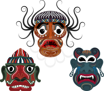 Set of colorful tribal masks on a white background. Collection of traditional ancient masks. Objects of rituals of primitive tribes. Vector illustration