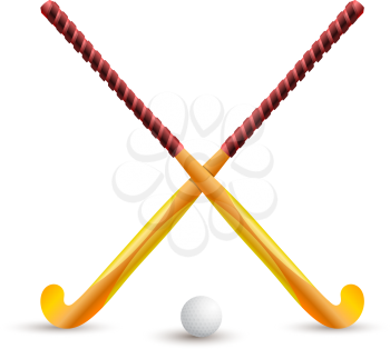 Field hockey. Sports supplies for playing on a white background. Hockey stick and ball. Crossed sticks for hockey. Sports competition on the grass. Vector illustration
