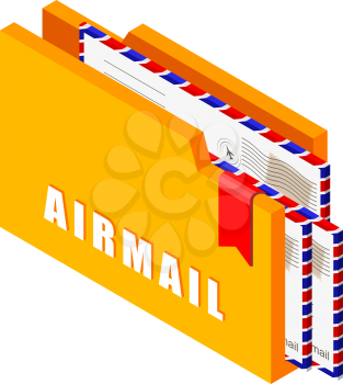 Yellow folder with airmail envelopes on a white background in isometric style. Vector illustration of mail icons and symbols in trend style