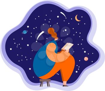 Girl reading a book on a background of the starry sky. Vector illustration