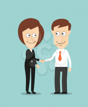 Cheerful smiling business woman and businessman shaking hands for partnership or cooperation concept design. Cartoon flat style