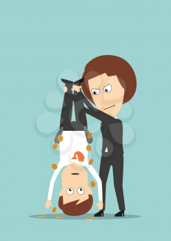 Wicked business woman holding colleague upside down and shaking out money from his pockets. Cartoon flat style