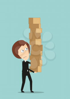 Business woman carrying a giant pile of boxes, trying to protect from falling, for balance concept design. Cartoon flat style