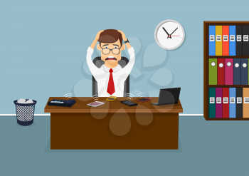 Busy businessman sitting at the table in the office and has a lot telephone calls at the same time. Cartoon flat style