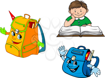 Set of colorful vector school education icons with a young boy sitting at a desk studying and two different student backpacks with smiling faces and waving hands