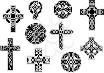 Set of black and white vintage decorative Christian crosses, symbol of Christianity, isolated on white