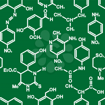 Organic chemistry structural formula seamless background pattern in white on green conceptual of research and education in square format