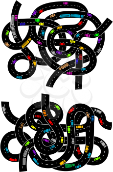 Spaghetti junction road traffic pattern with convoluted intertwined roads and colorful cars in two different formats, vector illustration