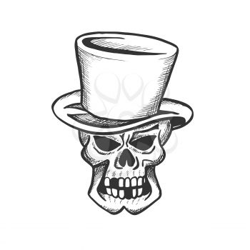 Skull of human skeleton sketch with Halloween monster. Evil dead head wearing vintage top hat with danger face isolated icon for tattoo or horror party decoration design