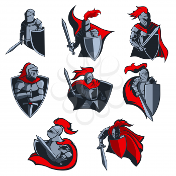 Knight vector icons of medieval warriors with armour helmets, swords and shields, red capes and plumes. Sport team mascot or emblem, heraldic coat of arms design with soldiers and weapons
