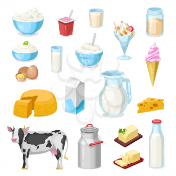 Milk products, vector icons of dairy farm food. Cheese, butter, yogurt glass bottle and cream jug, cow, bowls of cottage cheese, sour cream and ice cream, milkshake, eggs, fermented milk and margarine