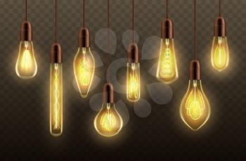 Light bulbs hanging on cords realistic vector design of glowing lamps or ceiling pendants. Incandescent light bulbs and globes with yellow filaments and contact wires on transparent background