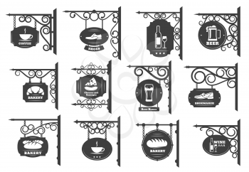 Vintage street signboards vector design. Iron shop sign boards hanging on wrought metal brackets and chains with antique forged ornaments, restaurant, store and cafe, pub or bar and bakery signages