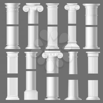 Column pillar realistic mockups of antique Roman and Greek architecture. 3d vector white marble stone Doric and Ionic columns with vertical fluted shafts, bases and ornate capitals with volutes