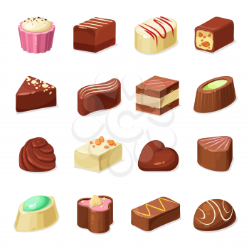 Chocolate candy and sweets vector design of dessert food. Candy and truffle set with dark, milk and white chocolate coating, filled with nut praline, caramel, cocoa cream, nougat and coffee mousse
