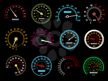 Speedometers, speed indicator vector dashboard dial scales for auto. Isolated car speedometers with km digits and arrows. Vehicle board realistic interface, speed accelerate, transportation technology