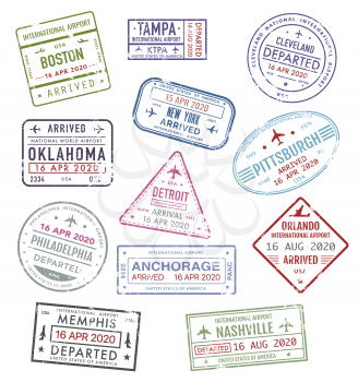 Stamps of USA, passport travel visas of US airport, vector icons, international departure and arrival. America airport passport travel stamps of New York, Boston, Orlando, Philadelphia and Pittsburgh