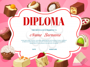 Kids diploma certificate template with vector background frame of chocolate candies. Education award of school or kindergarten graduation achievement with truffle and praline dessert of milk chocolate