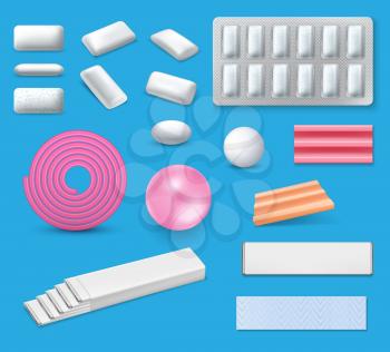 Chewing bubble gum realistic vector mockups. Bubblegum packages with mint or menthol sticks and blister pack with pads, pink ribbon gum, coated dragee, pellets and pillows 3d templates