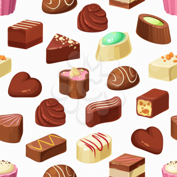 Candies vector seamless pattern of chocolate, truffle and praline desserts. Sweet food background of cocoa candies with nut, caramel and coffee cream fillings, nougat, fruit mousse and sugar icing