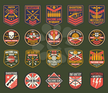 Military chevrons vector icons, army stripes for sniper squad, infantry special forces division. Machine gun, shooters, motorized battalion, isolated army insignia with weapon, skull or swords set