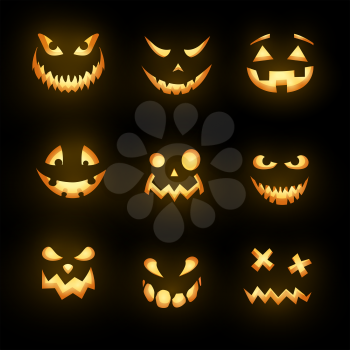 Glowing monster faces isolated vector icons, Halloween horror emoticons. Scary emojis of angry zombie, devil and demon, ghost and alien, spooky creatures with evil eyes, teeth and creepy smiles set