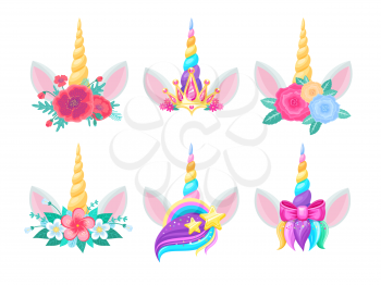 Unicorn heads with horns, flowers and ears. Vector cute magic horse animals, decorated with floral bouquets, rainbow, stars and gold crown, pink ribbon bow and colorful hair with glitter
